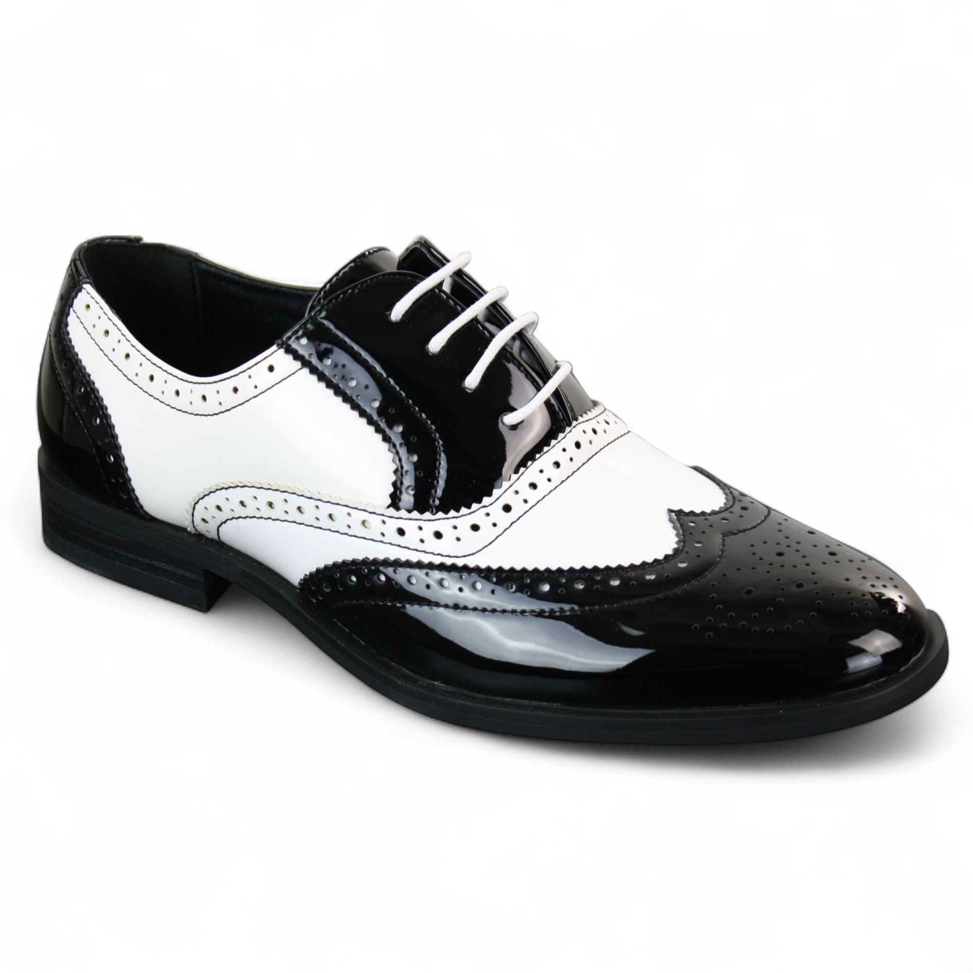Herren Lack Schnürschuhe Schwarz Weiß Brogues Elegante Abendschuhe Image