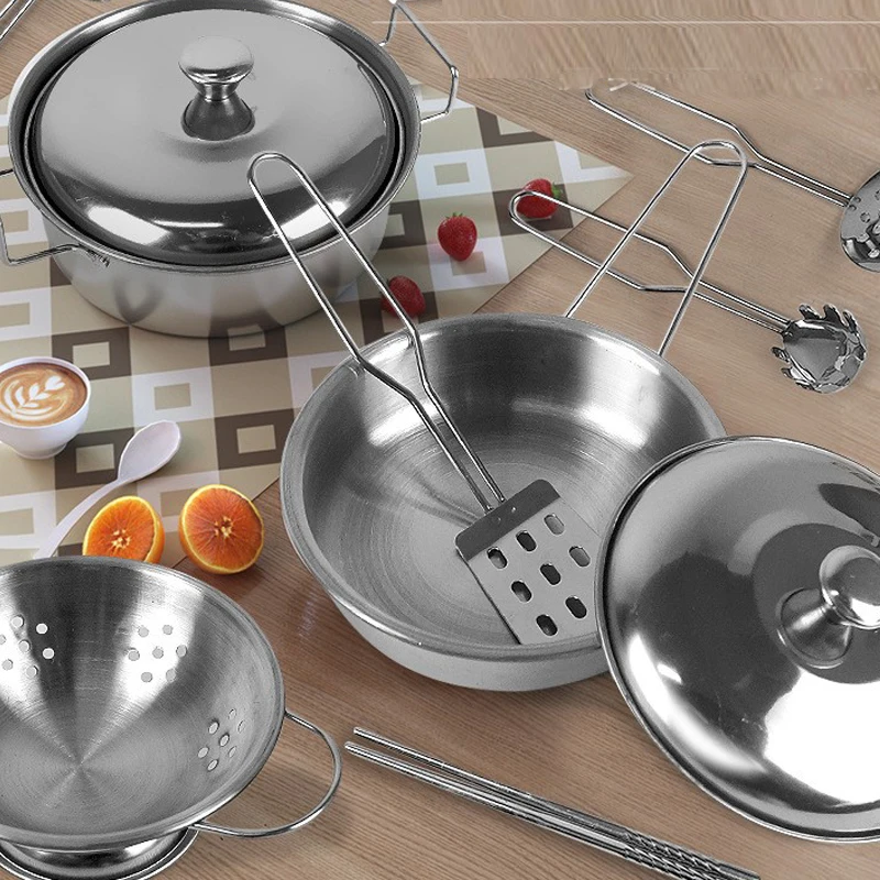 Accessoires de jeu de simulation de cuisine, jouets avec ustensiles de cuisine en acier inoxydable, ensemble de casseroles et poêles, ustensiles de cuisine, outil d'apprentissage des cadeaux
