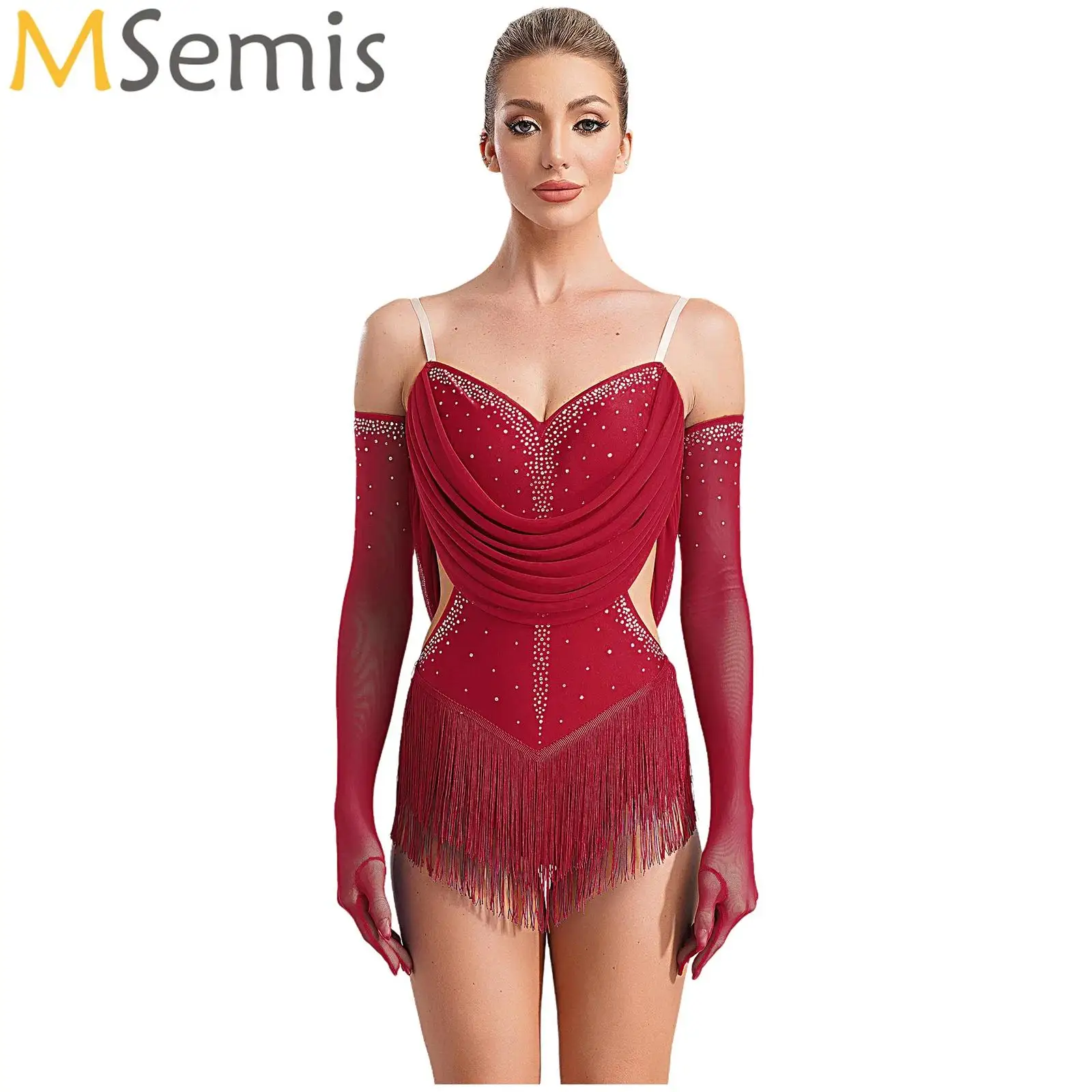 Justaucorps de danse latine pour femme, maille froncée, pompon, paillettes, biscuits, découpe, costume de batterie à franges avec gants, costume de scène