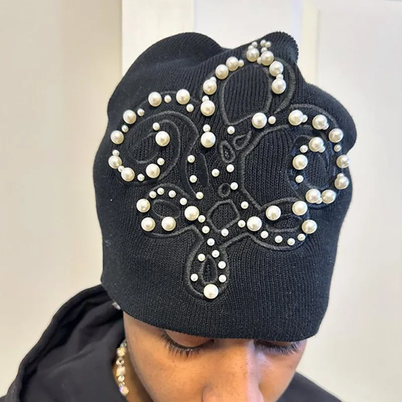Y2k Hip Hop Harajuku Ästhetisches Einzigartiges Design Grunge Perle Schleife Schwarz Plüsch Strickmütze Unisex Rock Herbst/Winter Warme Baotou Hut