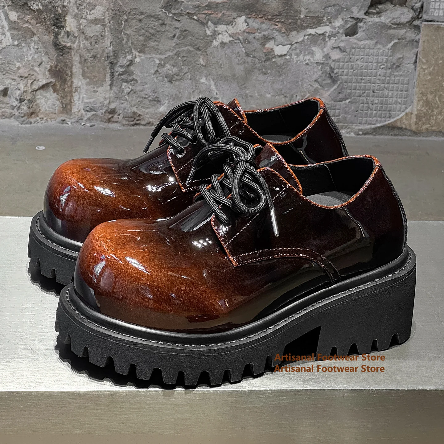 Große runde Zehen-Derby-Schuhe, glänzendes Leder, 10 cm dicke Sohlen, Schuhe für Herren, verschleißfeste Schnürschuhe, handgefertigte Herrenschuhe