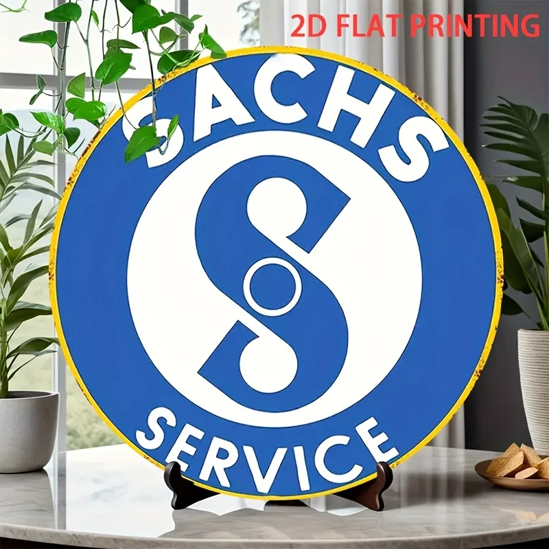 2D flach, 1 Stück 20,32 x 20,32 cm großes böhmisches rundes Blechschild – Vintage-Stil mit vorgebohrten Löchern, „SACHS SERVICE“-Logo und Symbole – Ide Image