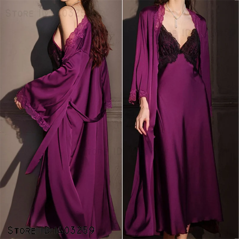 Sexy Weibliche Lange Robe Nachthemd Set Kimono Bademantel Kleid Patchwork Spitze Hosenträger Nacht Kleid Nachtwäsche Lose Satin Homewear Image