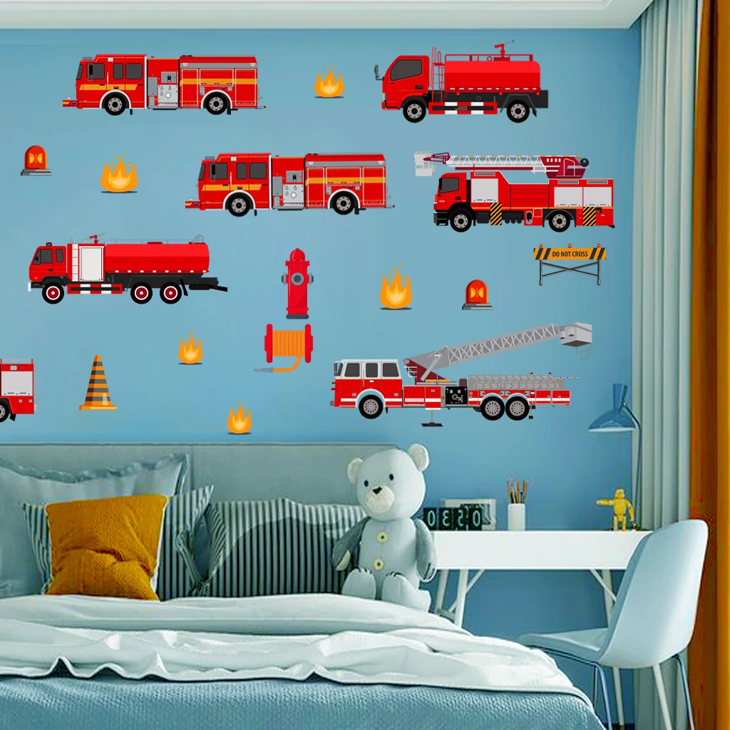 Cartoon Fire Truck Decorazione da parete Decalcomanie Camera dei bambini Sala giochi Camera da letto Camion dei pompieri Poster Murale Adesivi murali Camera dei bambini Decorazione della scuola