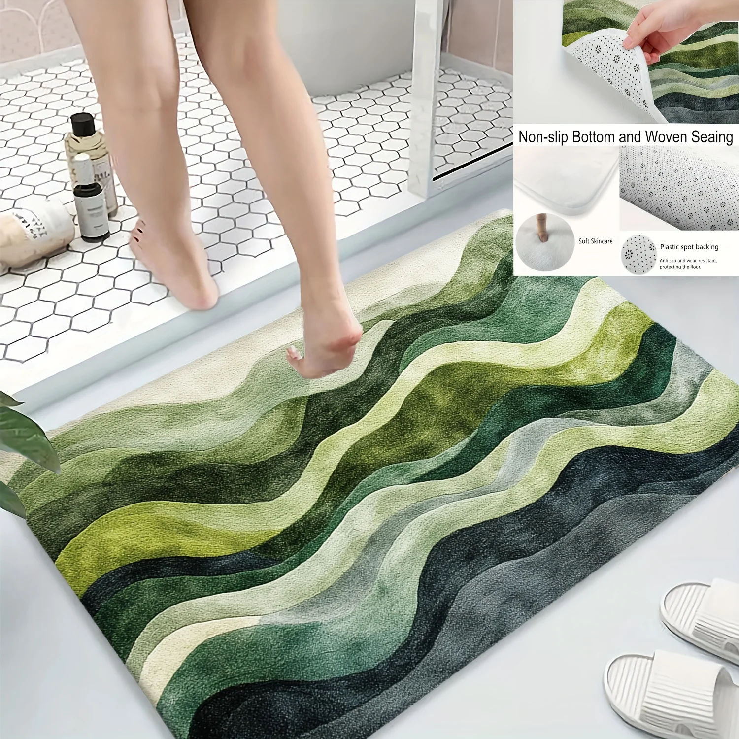 Green Gray Corrugated Print Bath Mat, Non-Slip Rug, Dual-Tone Decor for Bathroom, Kitchen, Entryway, Housewarming Gift