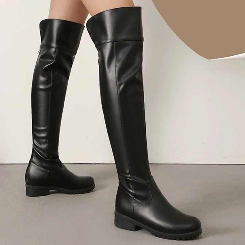 Sexy Damen-Oberschenkelhohe Stiefel, Herbst-Winter, PU-Leder, lange Overknees, Reitstiefel, schwarze niedrige Absätze, Schuhe, Schuhe, große Größe 49