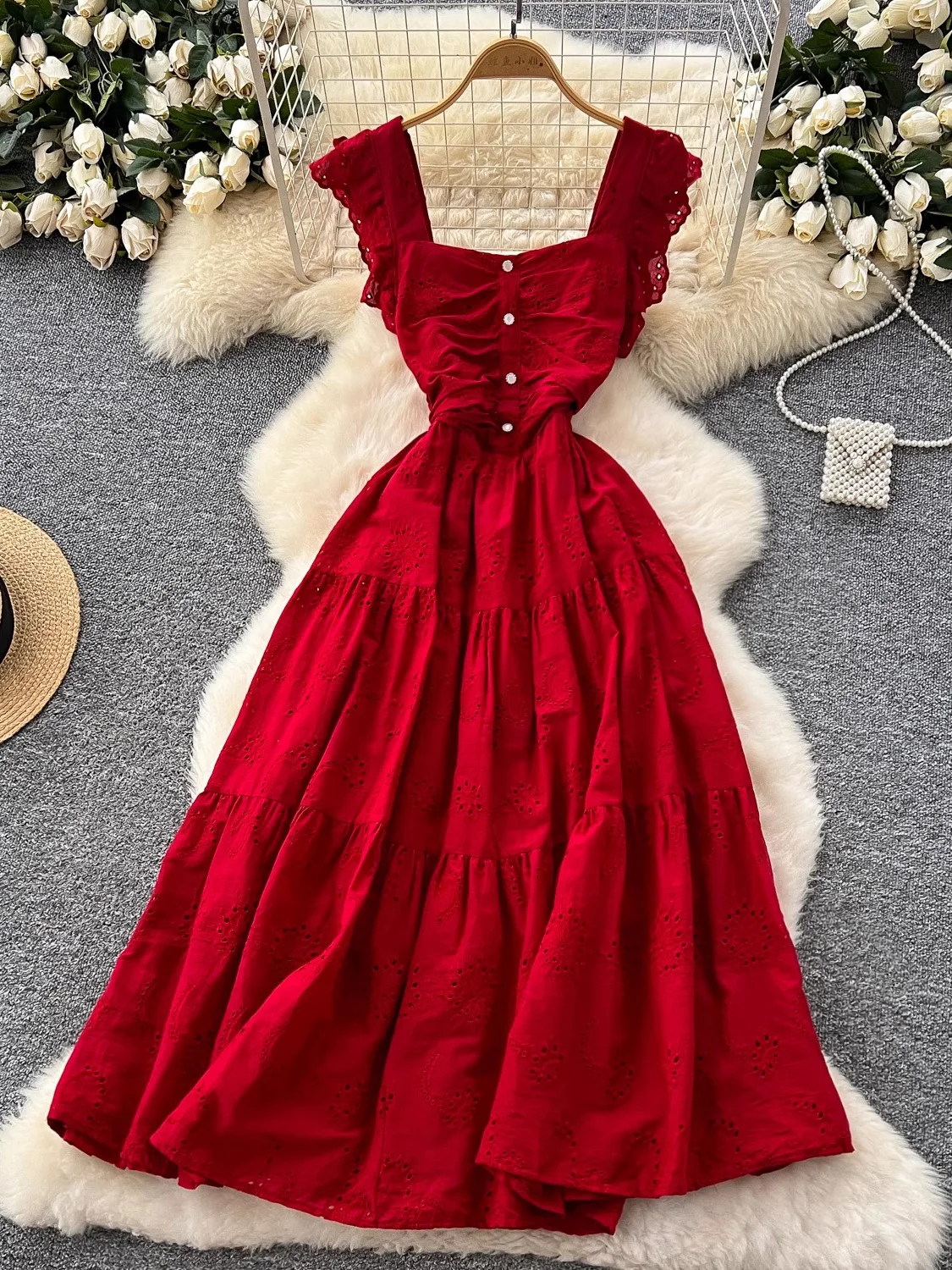 2023 Vintage Sommer Elegantes Kleid mit Square Neck Spitze Gestickte Cinched Taille Vestidos für Frauen Elegante Party Kleid Neue Mode Image