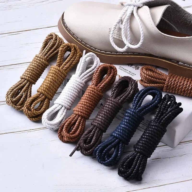 1 Paar Seil, schwarz und weiß, braun, gewachst, britische Freizeitstiefel, Knöchelschuhe, Schnürsenkel, Lederschuhe, Schnürsenkel, runde, grobe Baumwoll-Schnürsenkel