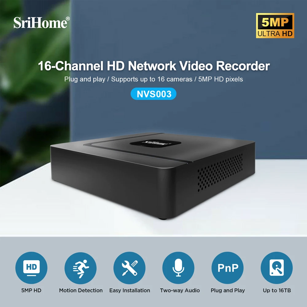 Srihome H.265 5MP HD-Ausgang CCTV NVR 16CH Sicherheitsvideorecorder Motion Detect Onvif Unterstützt 16 TB Festplatten Plug-and-Play Image