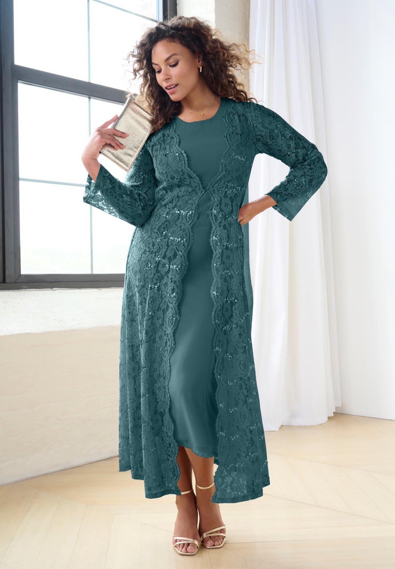 Plus Size Women's Lace Jacket Maxi Dress Set by Roaman's in Mystic Pine (Size 36 W)