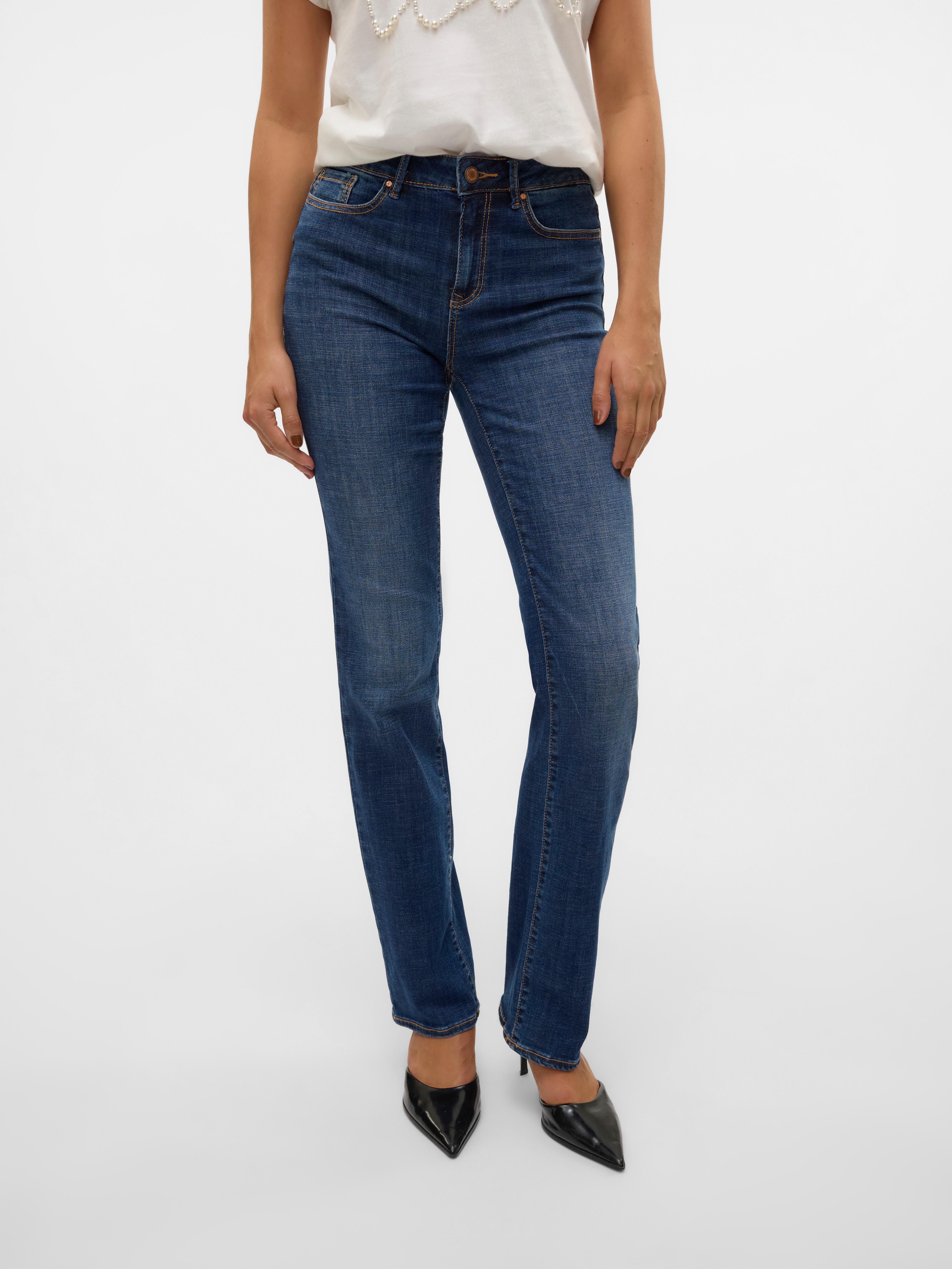 Straight-Jeans VERO MODA "VMFLASH MR STRAIGHT JEANS LI3300 GA NOOS", Damen, Gr. XXL (44), Länge 32, blau (dunkelblau denim), Denim/Jeans, Obermaterial: 89% Baumwolle, 9% Elastomultiester, 2% Elasthan, unifarben, gerade lang, Jeans Straight-Jeans,...