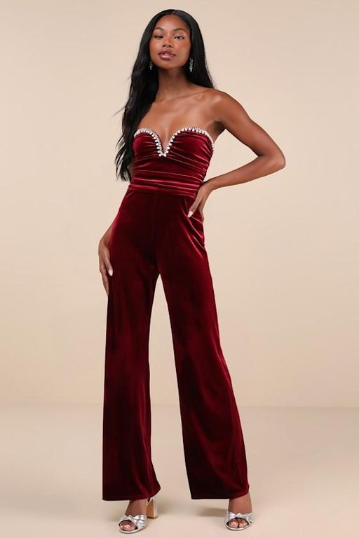 Fabulous Instinct Velvet Pearl Strapless Jumpsuit - Red - Lulus Jumpsuits