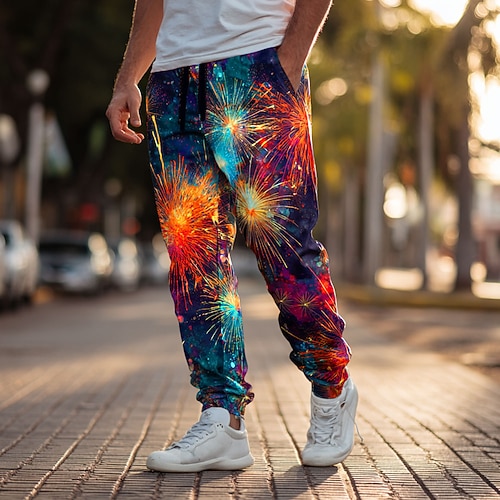 Noël Homme bonne année Feux d'artifice Eclairage de Noël Joggings Pantalon Jogger Pantalons Taille Moyenne Taille élastique à cordon Occasionnel Extérieur Fête Pantalon de survêtement athlétique avec