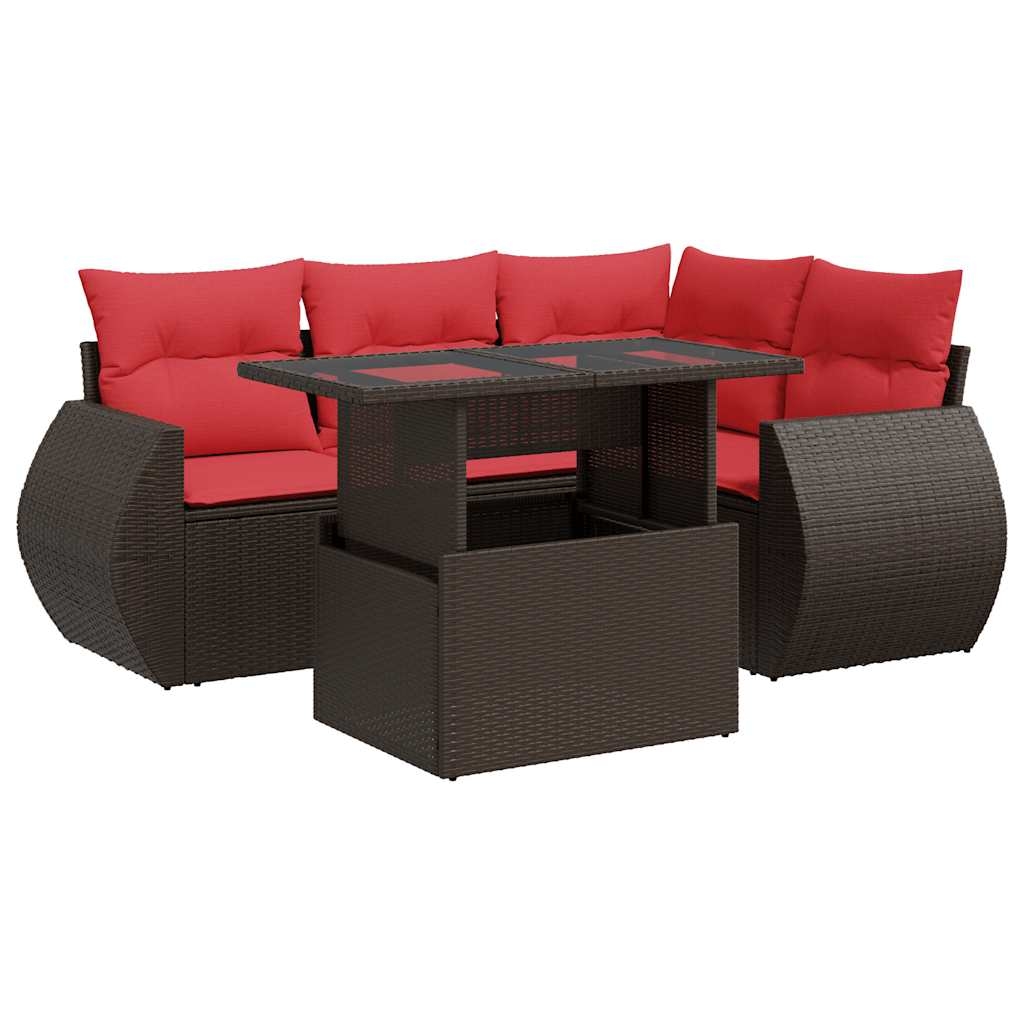 vidaXL 5-tlg. Garten-Sofagarnitur mit Kissen Braun Poly Rattan Akazie Image