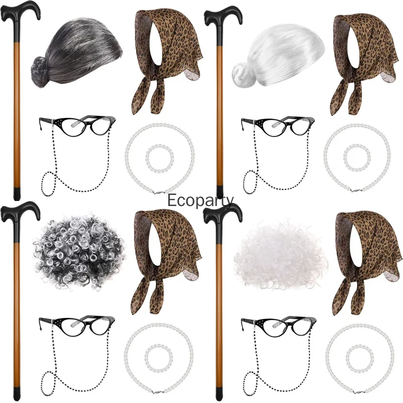 Neues Kostümzubehör für alte Damen für Erwachsene und Kinder, 100-Tag-School-Dress-Up, Oma, graue Perücke, Brille, Halloween-Cosplay-Zubehör Image