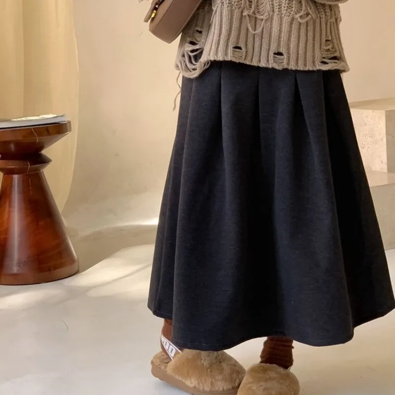 Hiver automne Tween filles gris taille haute une ligne jupe plissée taille élastique mi-longue jupe en laine enfants mode