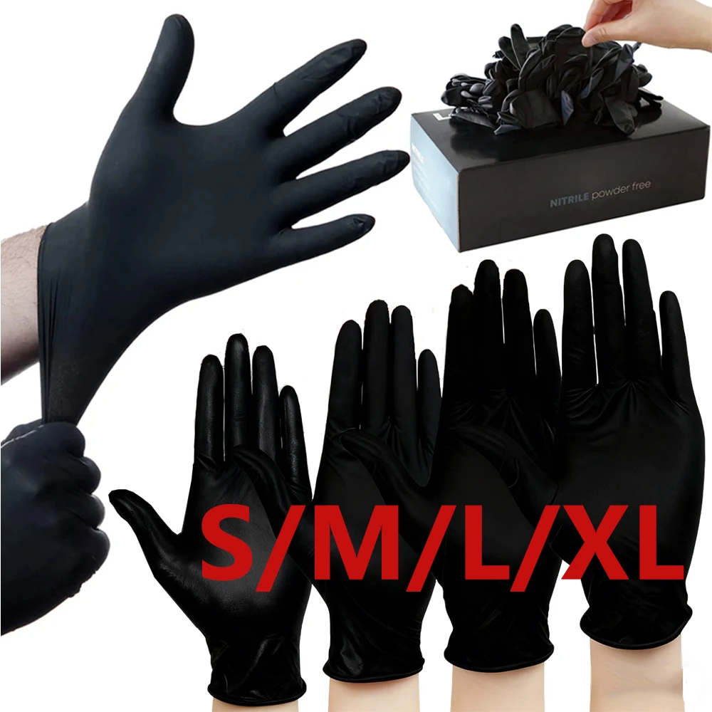 100/50/10 Stück Einweg-Handschuhe aus schwarzem Nitril, S/M/L/XL, langlebiger Hausreinigungshandschuh, latexfreie wasserdichte Handschuhe, Tattoo-Zubehör Image