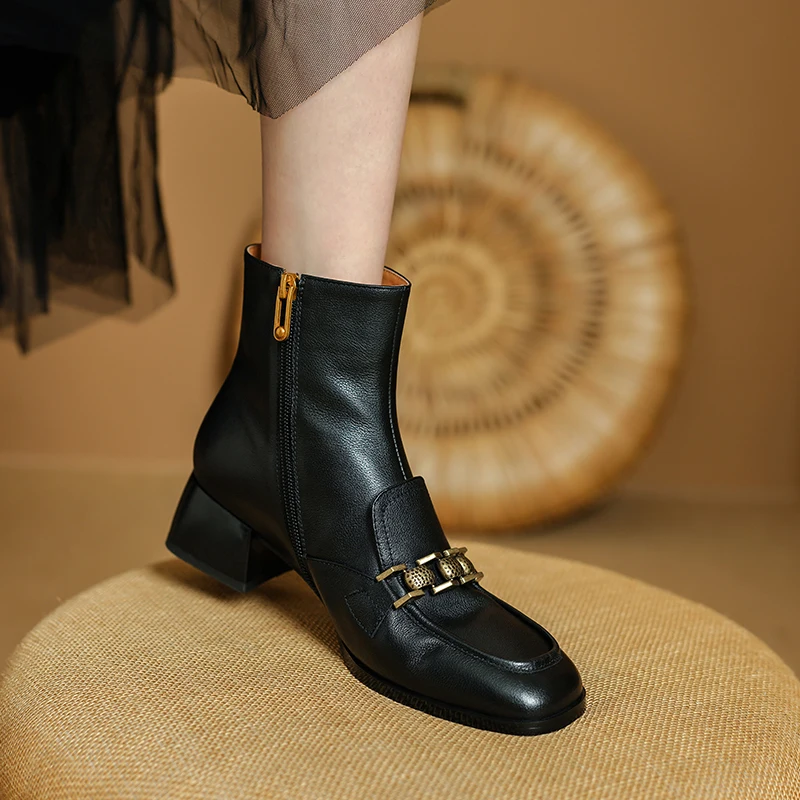 Size 34-40 Ankle Boots for Women Boots Soft Leather Strappy Chunky High Heels Shoes Winter Casual Office Dress Shoes for Women