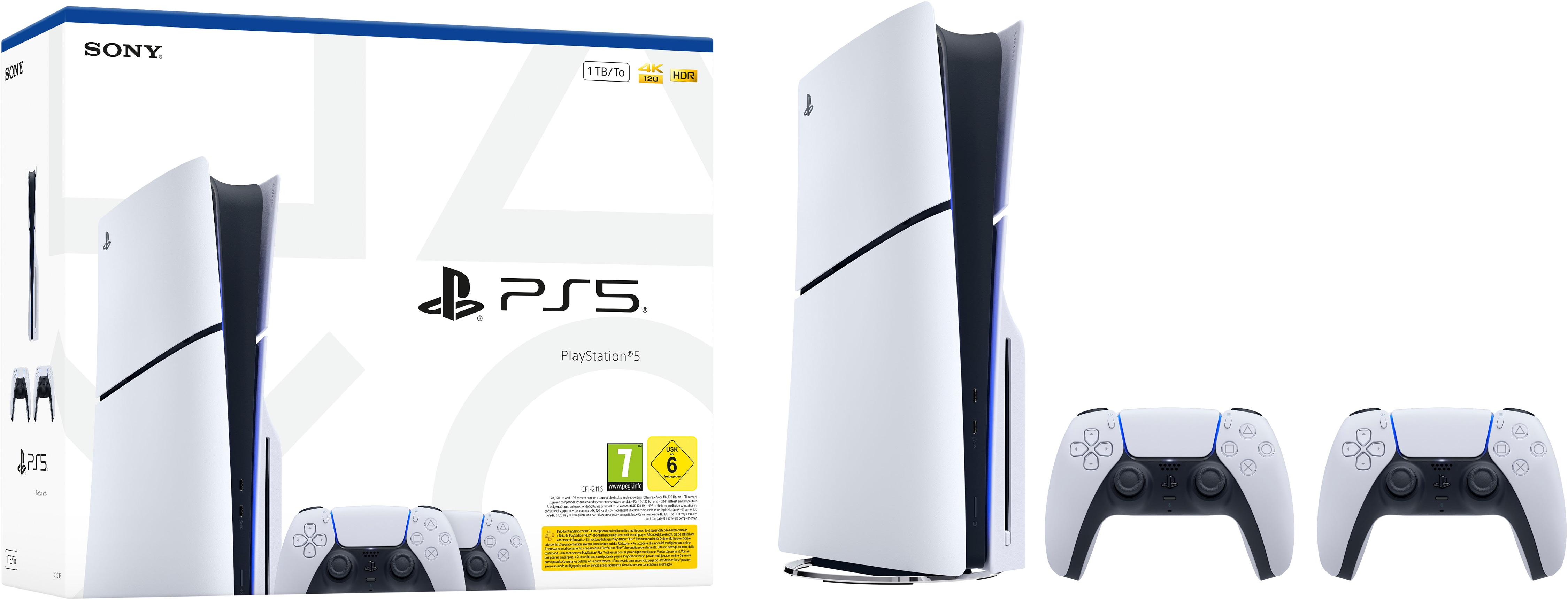 PLAYSTATION 5 Konsolen-Set "PS5 Disk Slim + 2x DualSense Wireless-Controller Bundle", weiß, schwarz, B:9,6cm H:35,8cm T:21,6cm, Spielekonsolen, Topseller