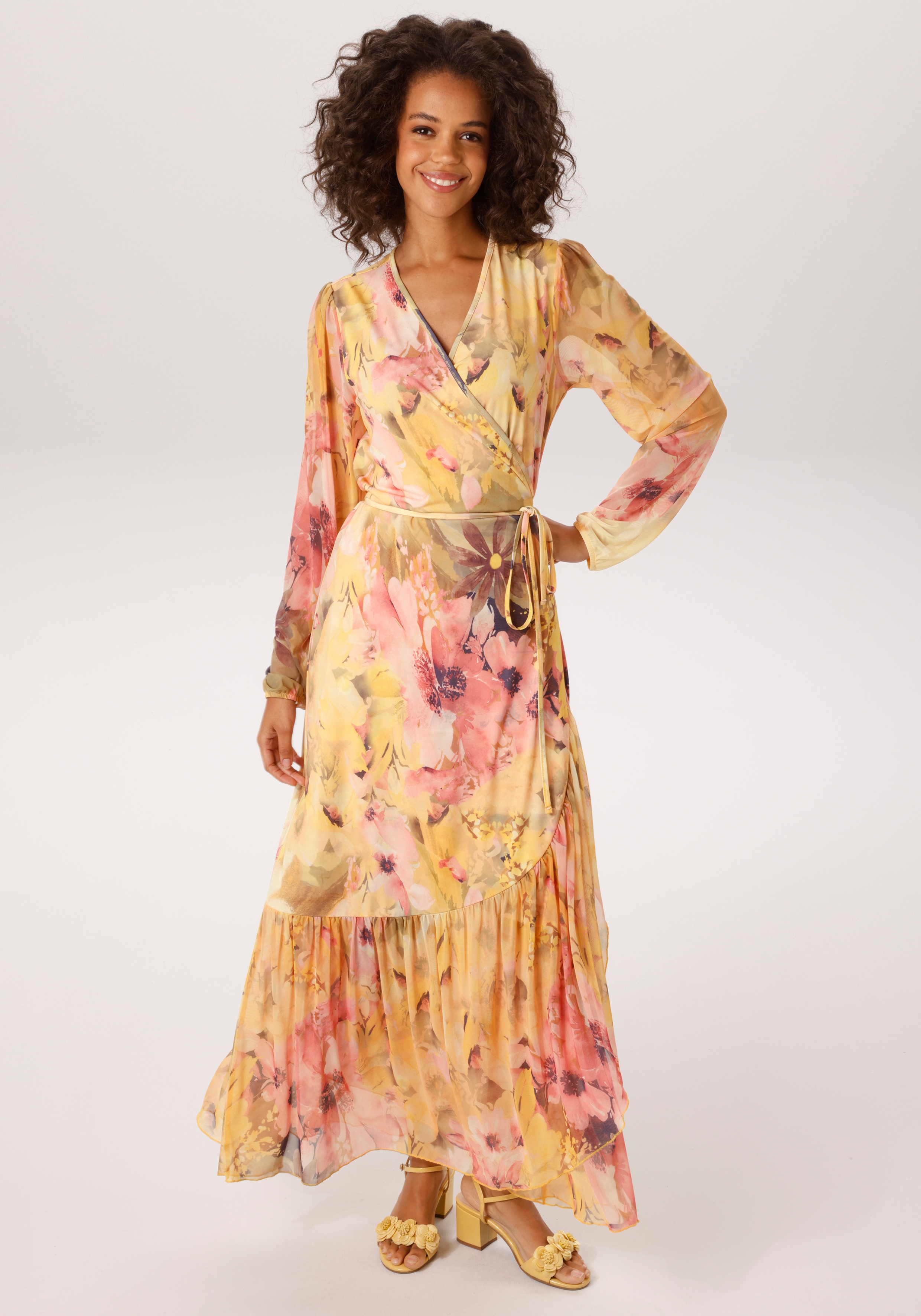 Wickelkleid ANISTON CASUAL, Damen, Gr. 46, N-Gr, gelb, apricot, rosa, moosgrün, orange, oliv, braun, marine, weiß, beere, taupe, Jersey, Obermaterial: 95% Polyester, 5% Elasthan. Volant: 95% Polyester, 5% Elasthan, bedruckt, geblümt, figurumspielend...