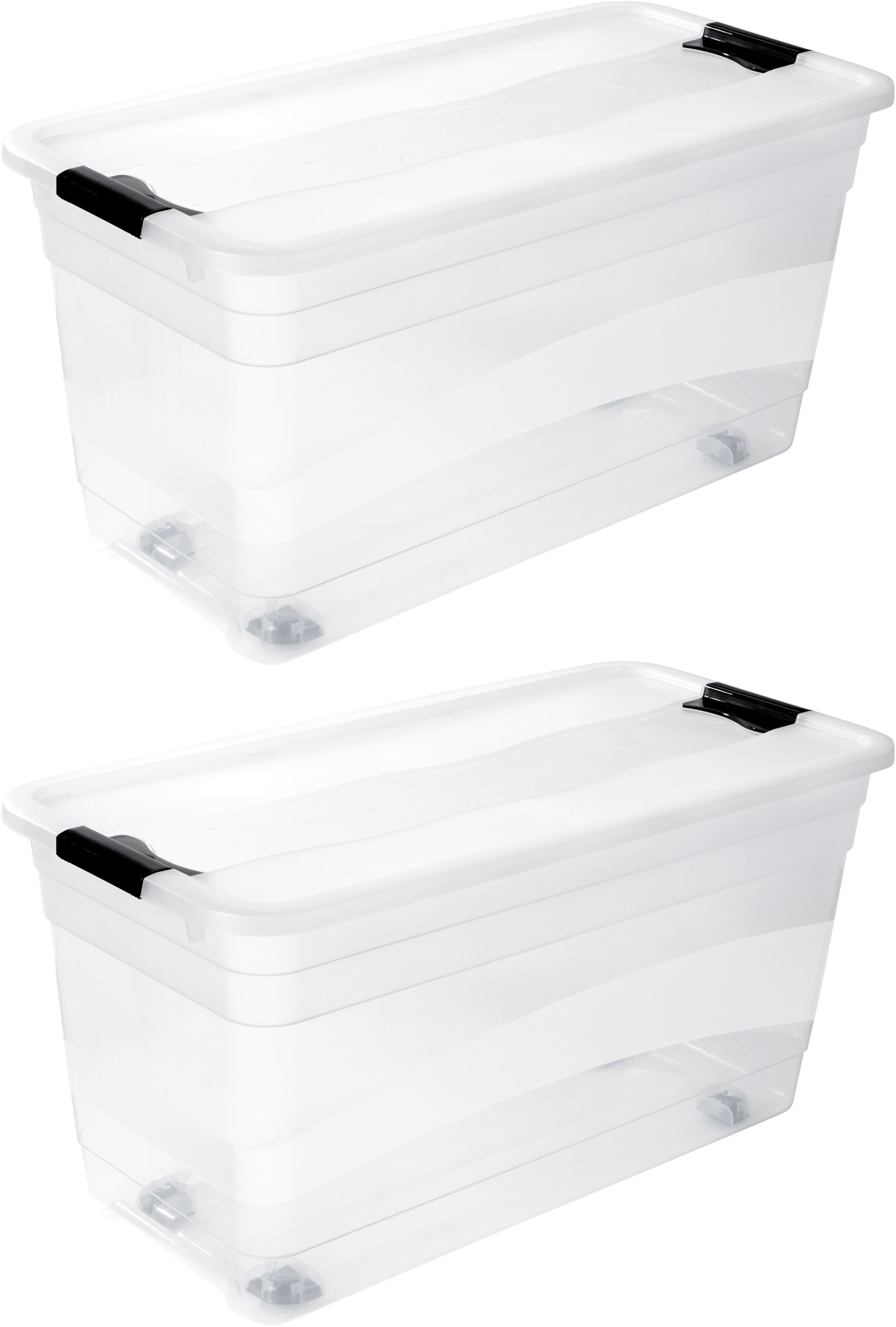 Aufbewahrungsbox KEEEPER "Konrad, Box mit Rollen, 2er Set, 83 L, 79,5 x 39,5 x 41 cm", transparent, B:79,5cm H:41cm T:39,5cm, Kunststoff, Aufbewahrungsboxen, Aufbewahrungsbox, durch Clips verschließbar, Griffe und Rollen am Boden