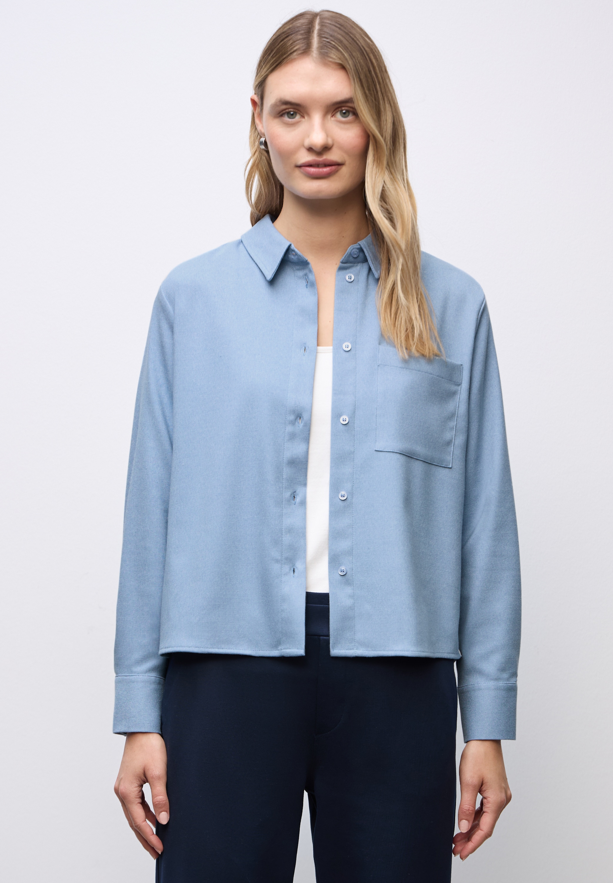 Langarmbluse STREET ONE, Damen, Gr. 44, frosted blau meliert, Stoff, 63% Polyester, 34% Viskose, 3% Elasthan, meliert, klassisch normal, V-Ausschnitt, Bündchen, Blusen, im Melange Look