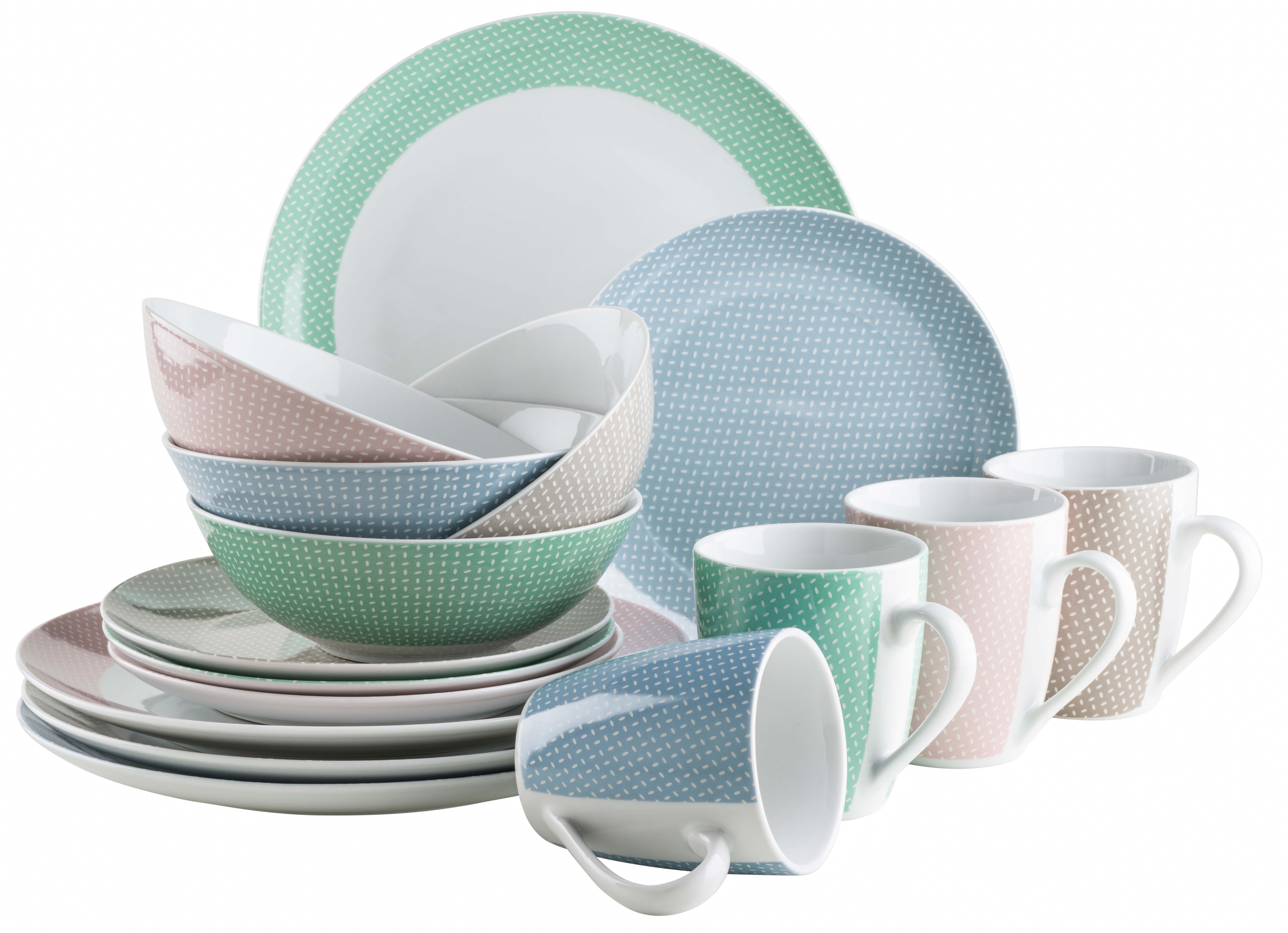 Kombiservice MÄSER "KITCHEN TIME II, Geschirr-Set, Porzellan", blau, grün, rosa, beige, 16 Stk., Porzellan, Geschirr-Sets, Kombiservice