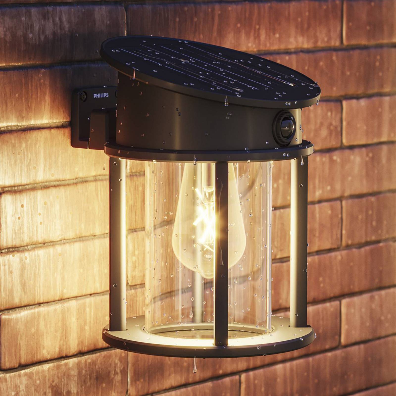 Philips LED-Solar-Außenwandlampe Geri UE Sensor, rund, IP44, schwarz, Metall, Solarleuchte außen