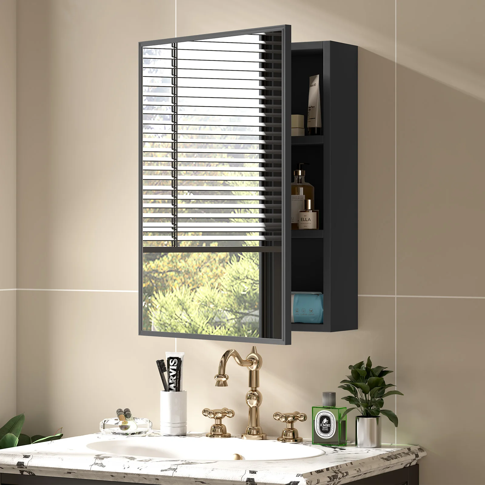 Schwarzer Badezimmer-Medizinschrank mit wandmontiertem Spiegelschrank, 16" x 22" Image