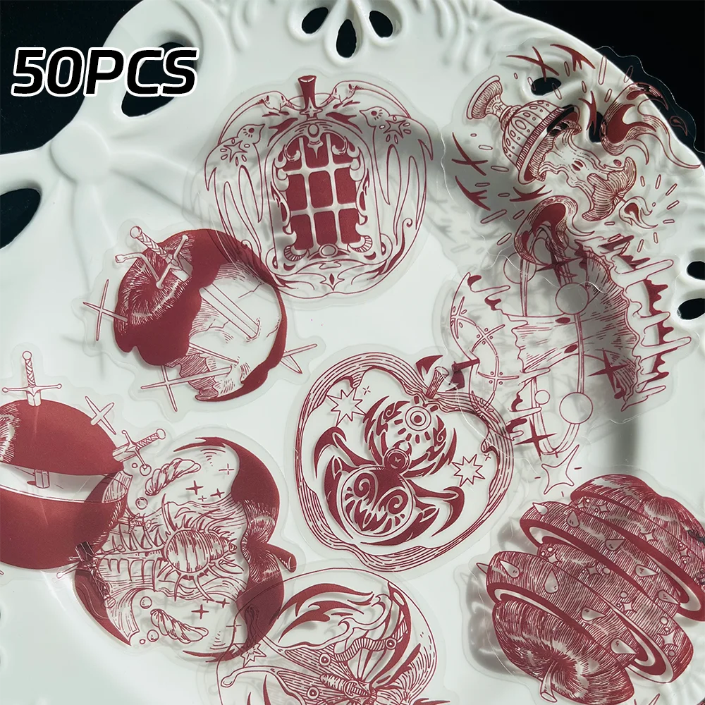 50 Stück rote Apfel-Gothic-Stil PET-Aufkleber für Gepäck, Laptop, Sammelalbum, Tagebuch, Dekorationen, Wasserbecher, Aufbewahrungsbox, DIY-Abziehbilder Image