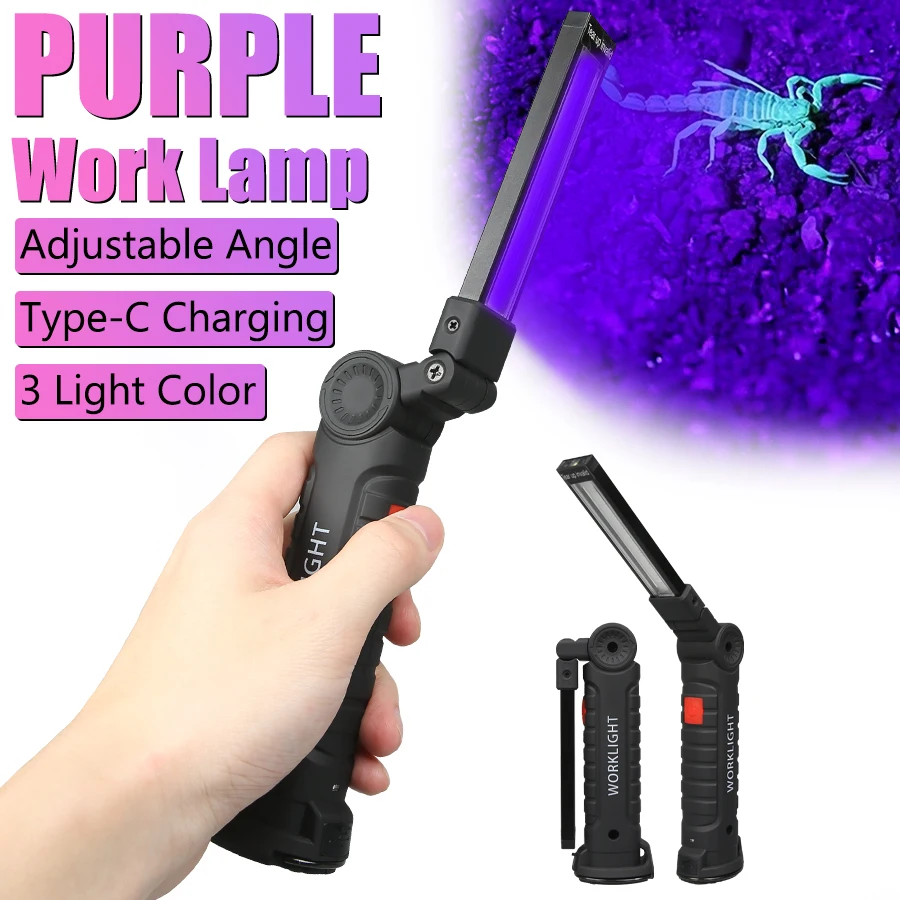 Torcia UV 395NM 5 modalità Torcia a luce nera Lampada da lavoro ricaricabile USB con torcia a luce bianca rossa di emergenza esterna
