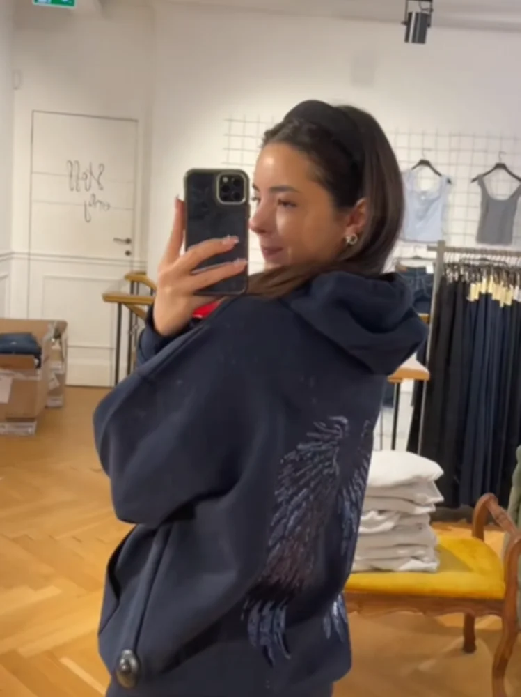 Schicker marineblauer Kapuzenpullover mit Pailletten-Winkelmuster und langen Ärmeln, lockerer High-Street-Pullover, 2025, neue Damen-Herbst-Wintermäntel Image