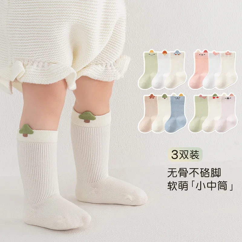 3 Paar einfarbige Kindersocken, weiche Mittelrohr-Neugeborenen-Socken für Jungen und Mädchen, Beinwärmer, Babysocken, niedliche Cartoon-Kindersocken Image