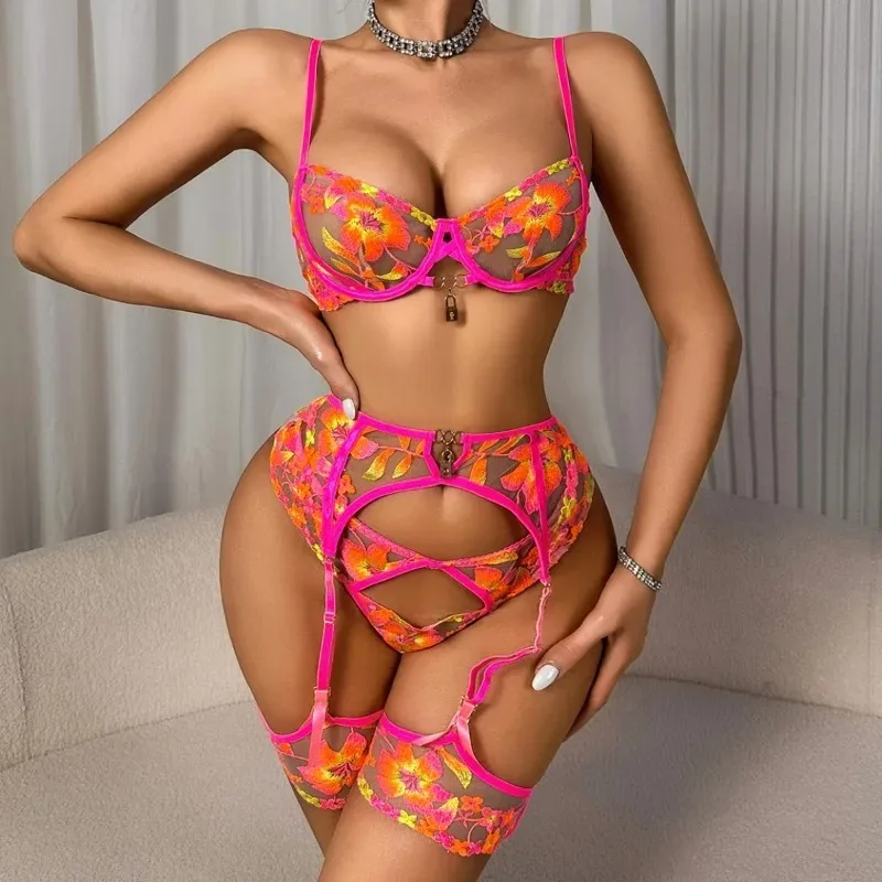Magnifiques ensembles de lingerie sexy et éclatants à motifs floraux, 3 pièces avec jarretelles et décorations exotiques, ensembles de soutien-gorge orange fluorescent, sous-vêtements érotiques