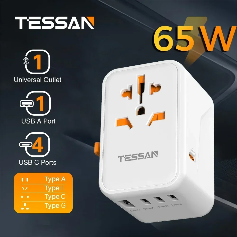 TESSAN 65W Gan Reiseadapter Universalsteckdose mit USB und Typ C Schnelllade-Steckdosenleistenadapter EU UK USA AUS-Stecker für Reisen Image