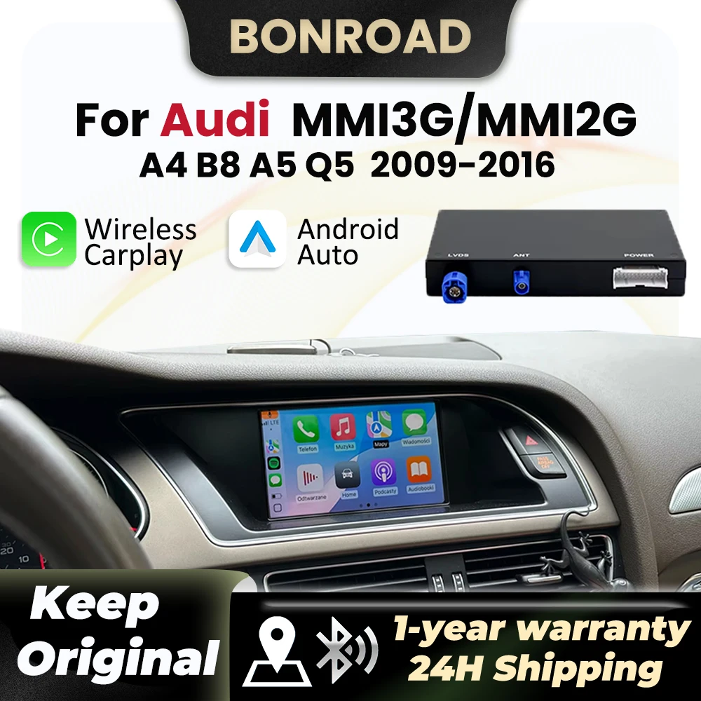 BONROAD Drahtloses Carplay für Audi A4 B8 A5 Q5 2009–2016 MMI 3G MMI2G mit Android Auto AirPlay Mirror Link Bluetooth GPS Image