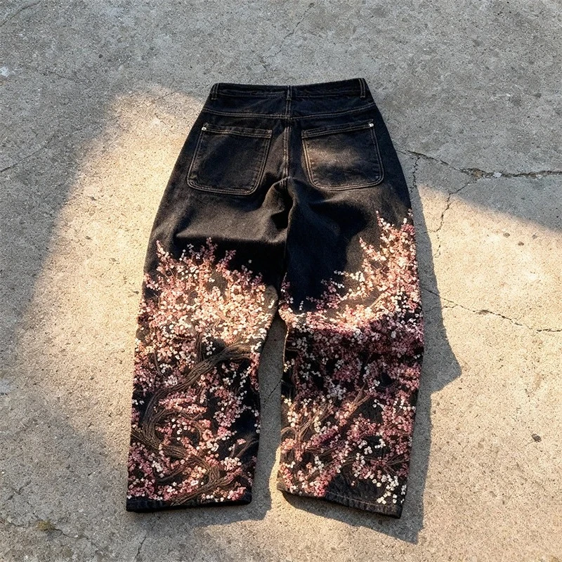 Y2K Baggy Jeans aus neuem Denim-Stoff mit amerikanischer Kirschblüten-Selvedge-Stickerei, Gothic Casual Wide-Leg-Hose, Streetwear
