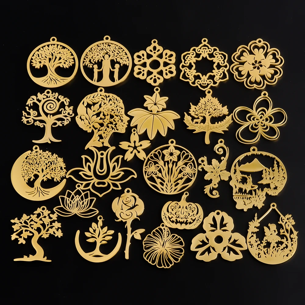 5 stücke Anlage Charme Gold Farbe Lotus Blume Baum Des Lebens Frauen Kopf Edelstahl Anhänger Für Schmuck Machen Liefert Materialien