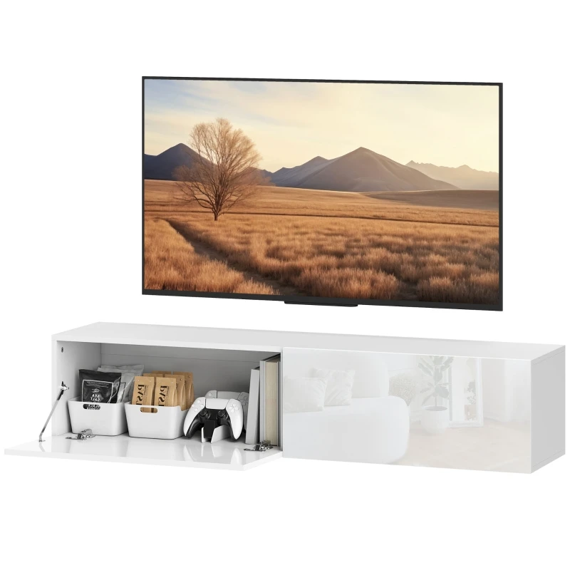 TV-Schrank zum Aufhängen, TV-Tafel für Fernseher bis zu 65 Zoll, 140 cm, Lowboard-TV-Tisch mit Stauraum, TV-Schrank für Wohnzimmer, Weiß