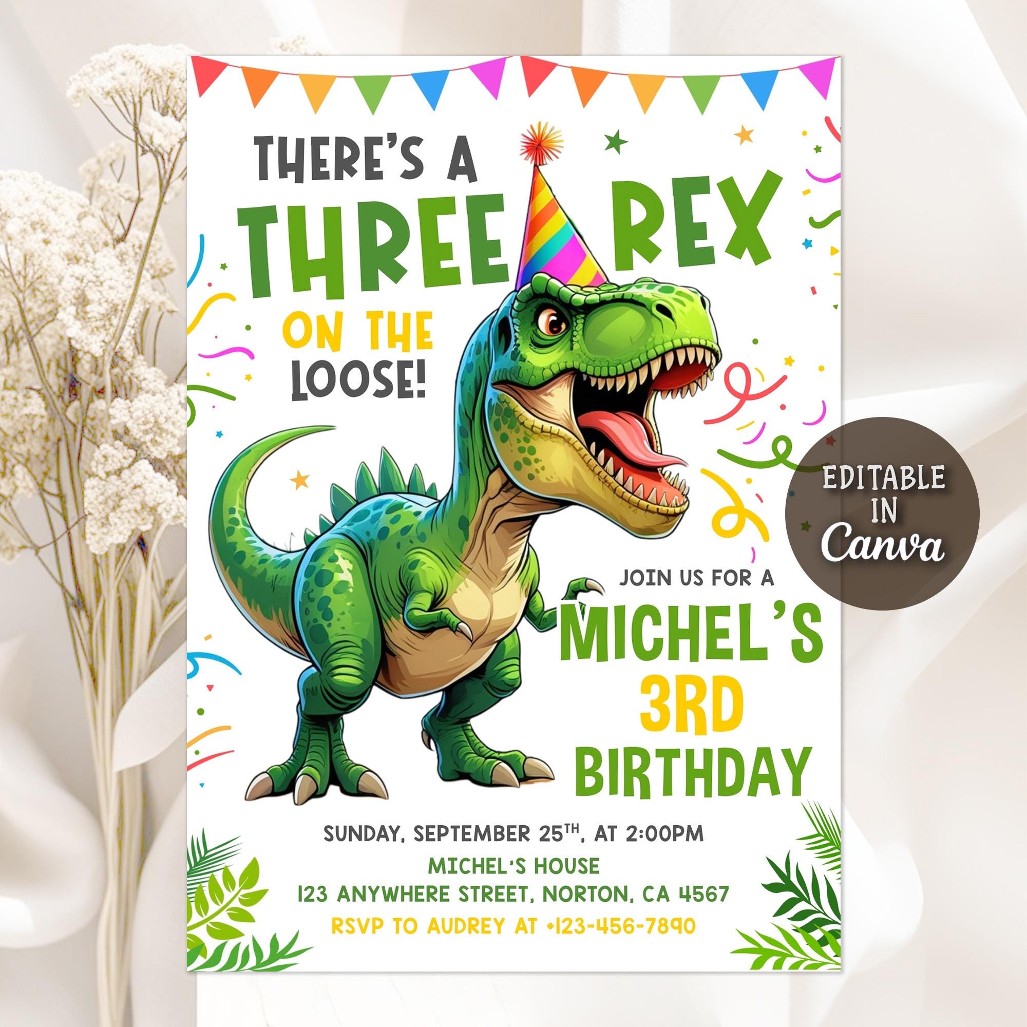 Invito di compleanno a tema dinosauri, invito di compleanno a tema tre Rex, festa a tema dinosauri, festa a tema dinosauri per il terzo compleanno dei