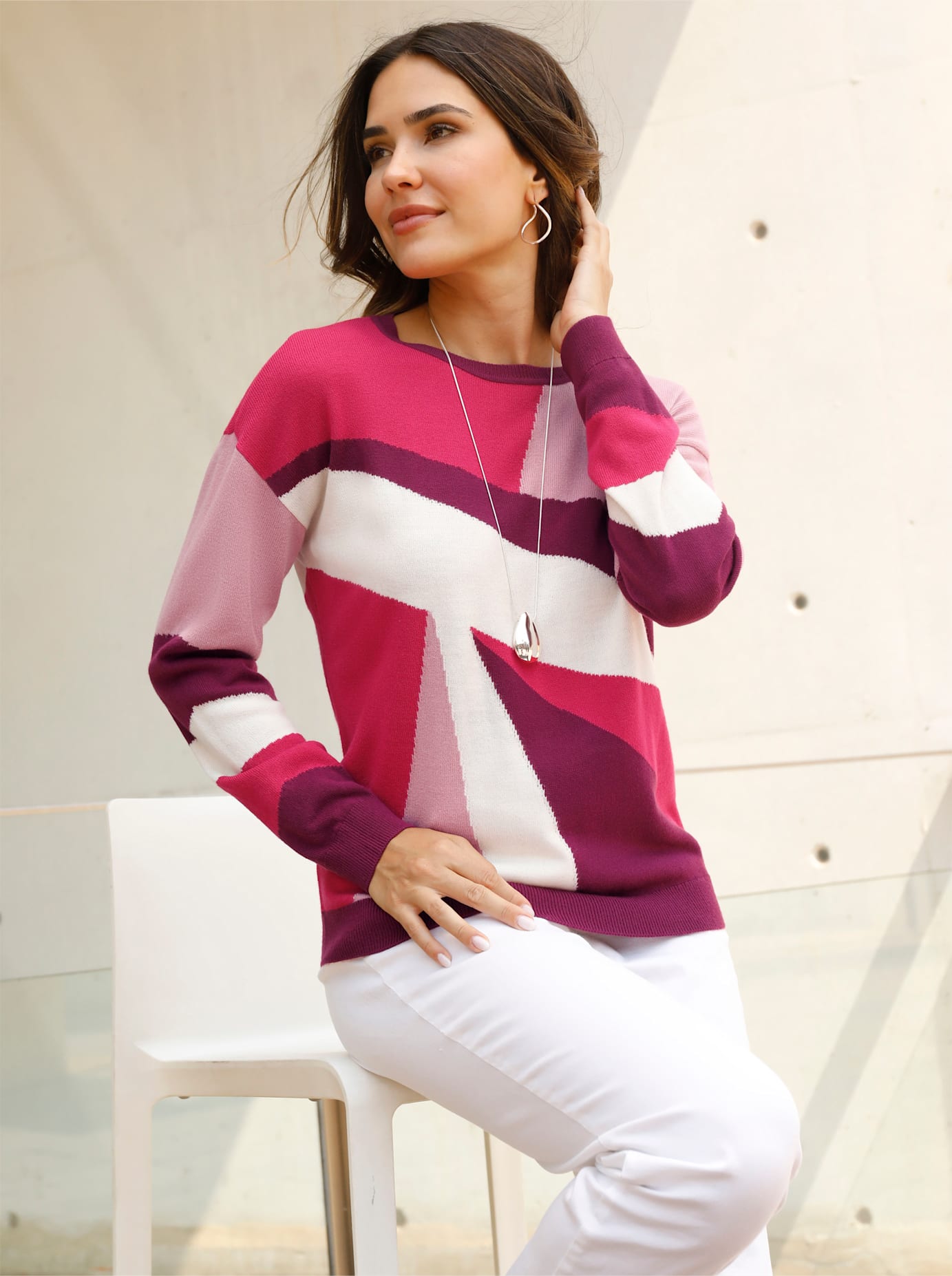 Strickpullover CLASSIC BASICS "Langarm-Pullover", Damen, Gr. 44, altrosa, malve, gemustert, 100% Polyacryl, gemustert, mehrfarbig, Pullover Strickpullover