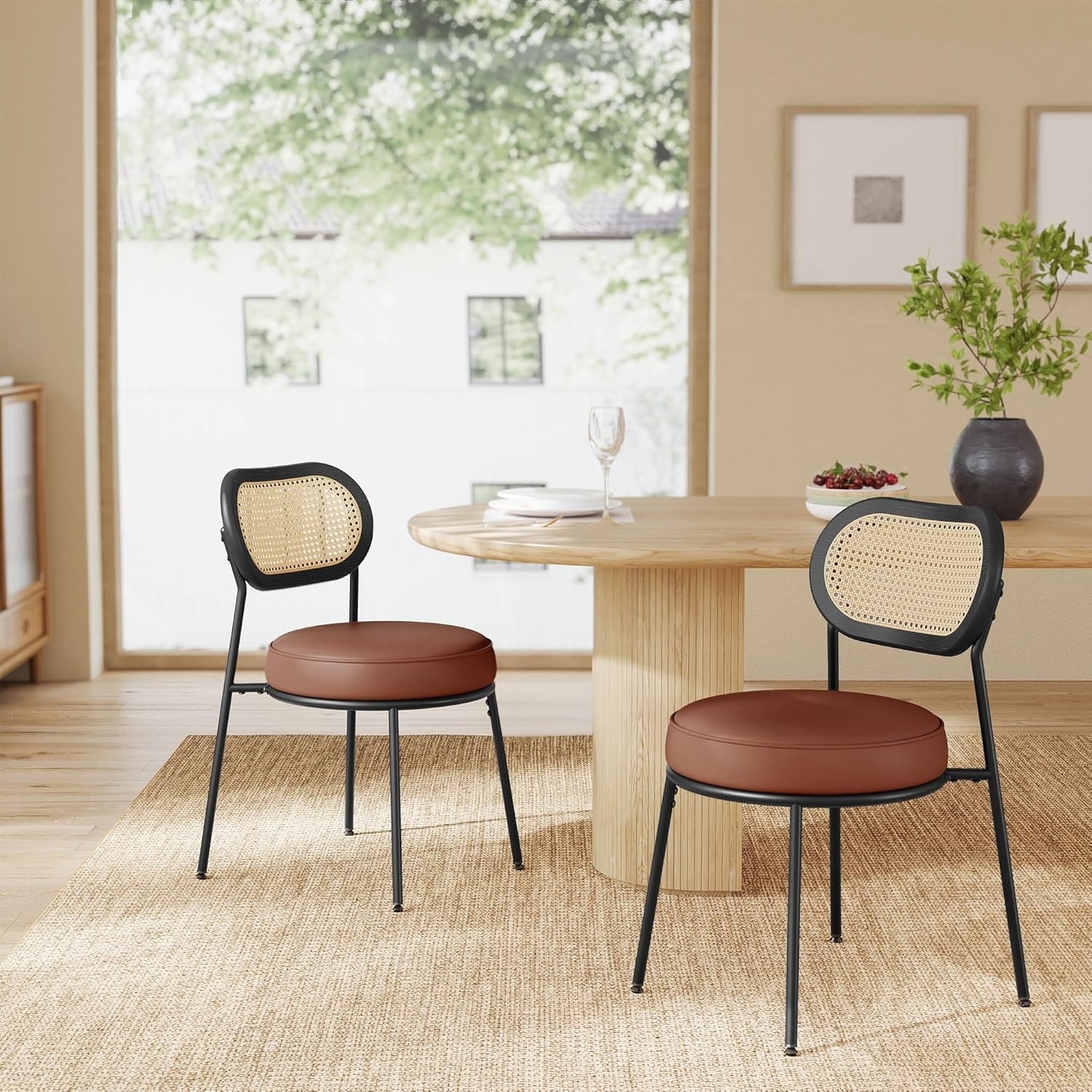 Set of 2 Boho PE Rattan Dining Chairs with Synthetic Leather Upholstery, Coffee Brown