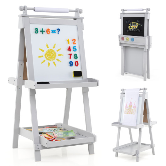 Costway 3-in-1 Double-sided Art Easel with Chalkboard and Magnetic Whiteboard-Gray