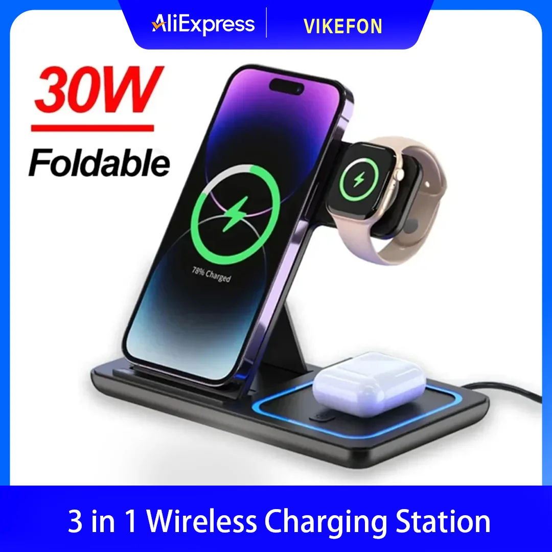 3-in-1 30 W faltbare kabellose Ladestation für iPhone 12–17 Pro Max iWatch Ultra Airpods Pro Schnellladestation Dock Image