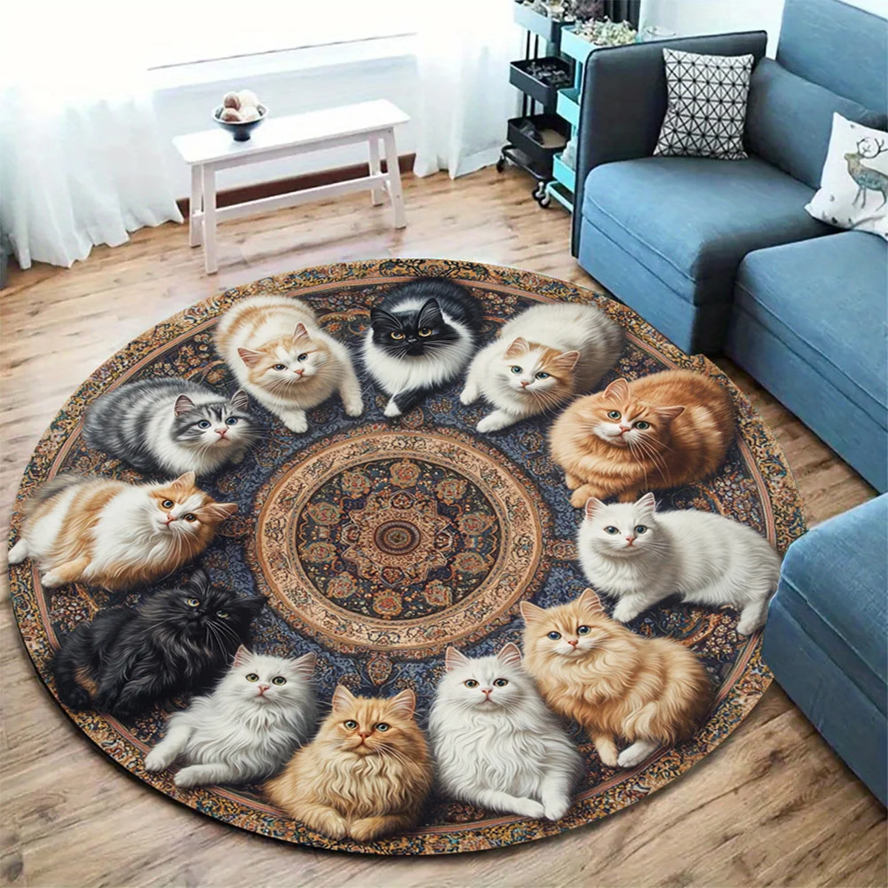 1 Stück runder Teppich mit niedlichem Kätzchenmuster, rutschfeste Bodenmatte für Wohnzimmer, Schlafzimmer, Badezimmer, Urlaubsdekoration Image