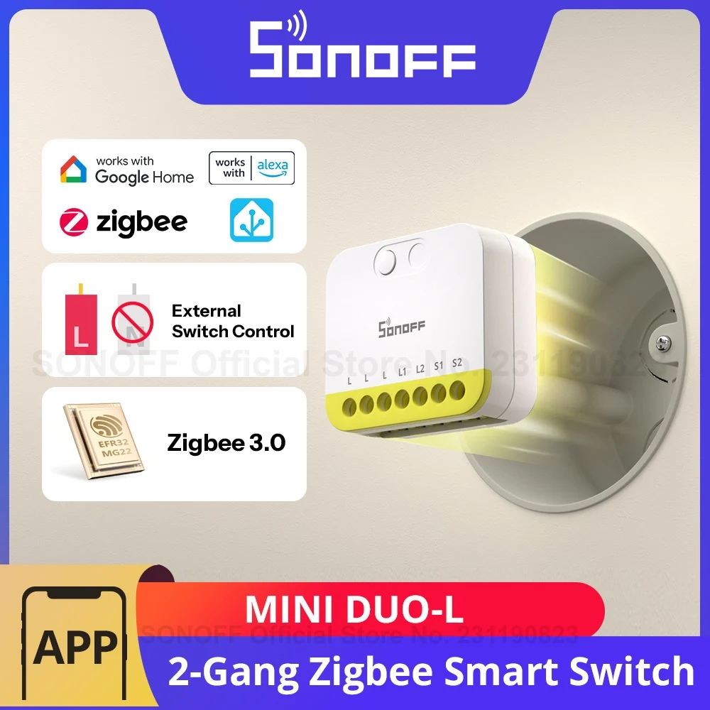 SONOFF MINI DUO-L 2-Gang Zigbee Smart Switch MINI-ZB2GS-L Kein Neutralleiter erforderlich Zweikanalige externe Schaltersteuerung kleiner Image