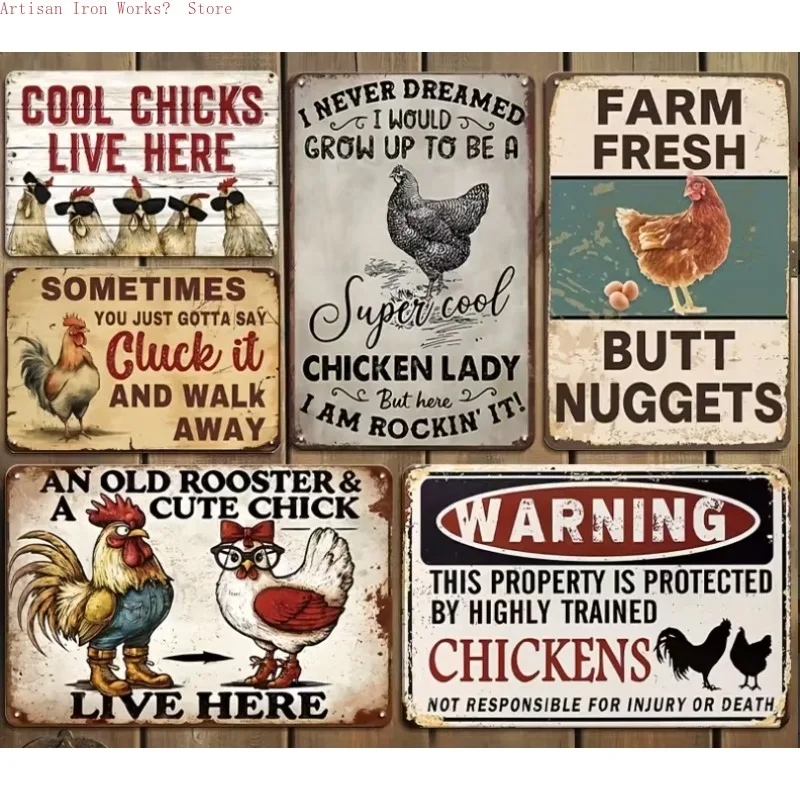 6 Stück Vintage-Hühnerstall-Metallschilder – rustikale Bauernhaus-Wandkunst mit lustigen Sprüchen für Garten, Küche und Zaundekoration Image
