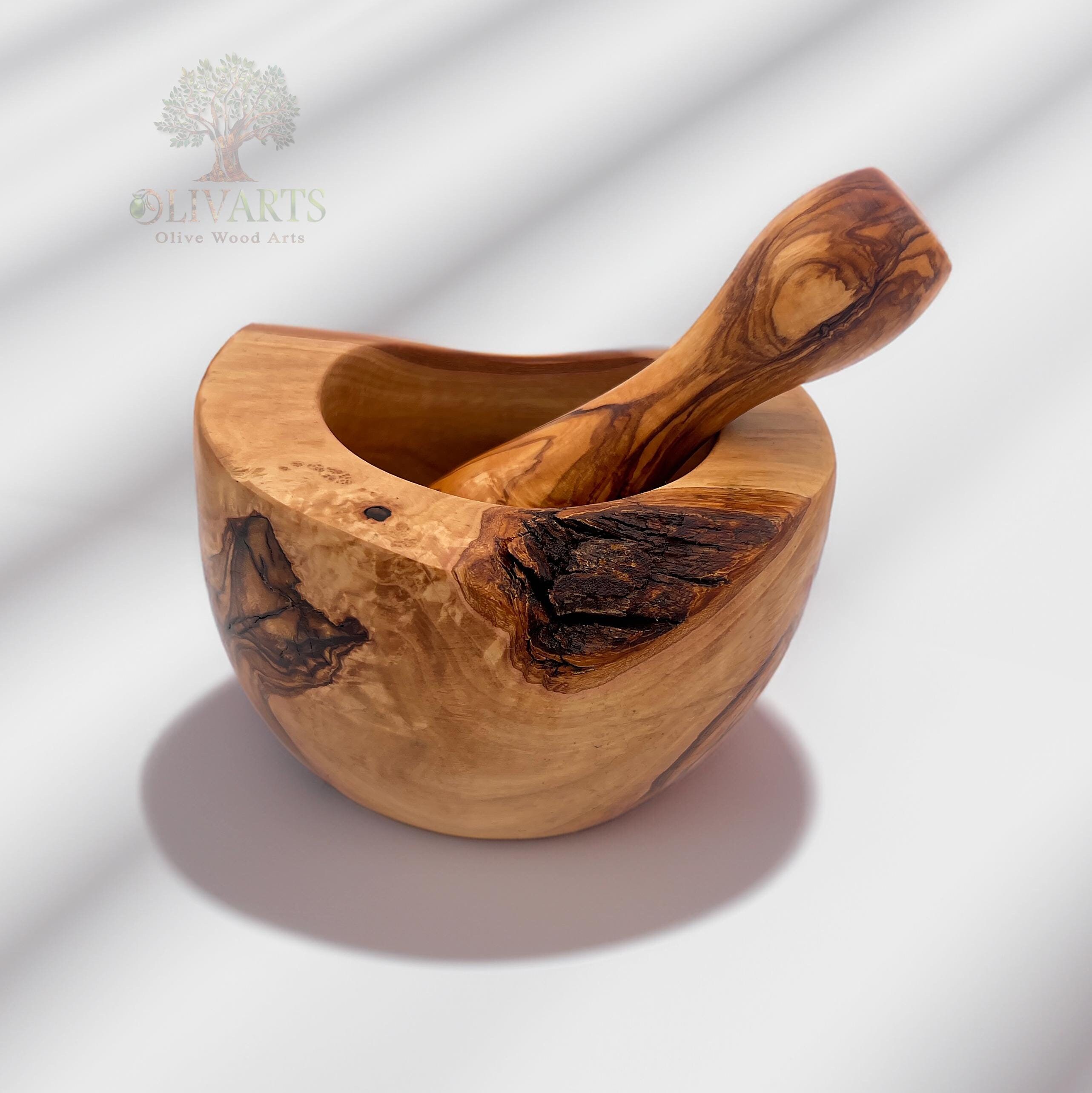 Mortaio e pestello in legno d'ulivo - Ciotola macina spezie in legno - Mortaio inciso - Regalo personalizzato per la cucina - Adatto al contatto con g