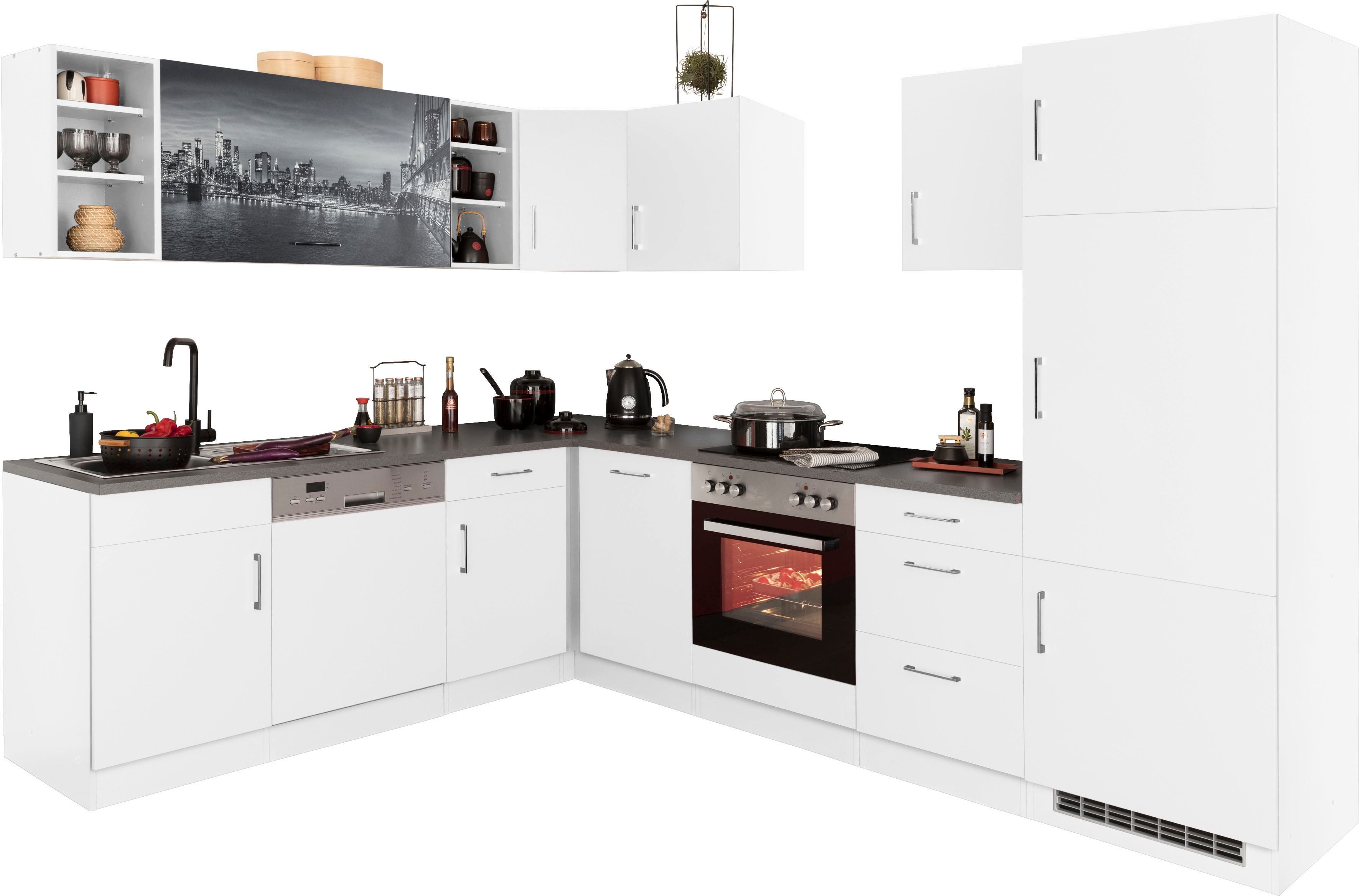 Küchenzeile KOCHSTATION "KS-Paris – Küchen mit einzigartigen Fotomotiven auf den Fronten", weiß (küche: weiß, front: weiß, korpus: weiß, arbeitsplatte: anthrazit), B:220cm H:200cm T:60cm, Komplettküchen-Sets, Küchenzeile, Stellbreite 220/280 cm,... Image