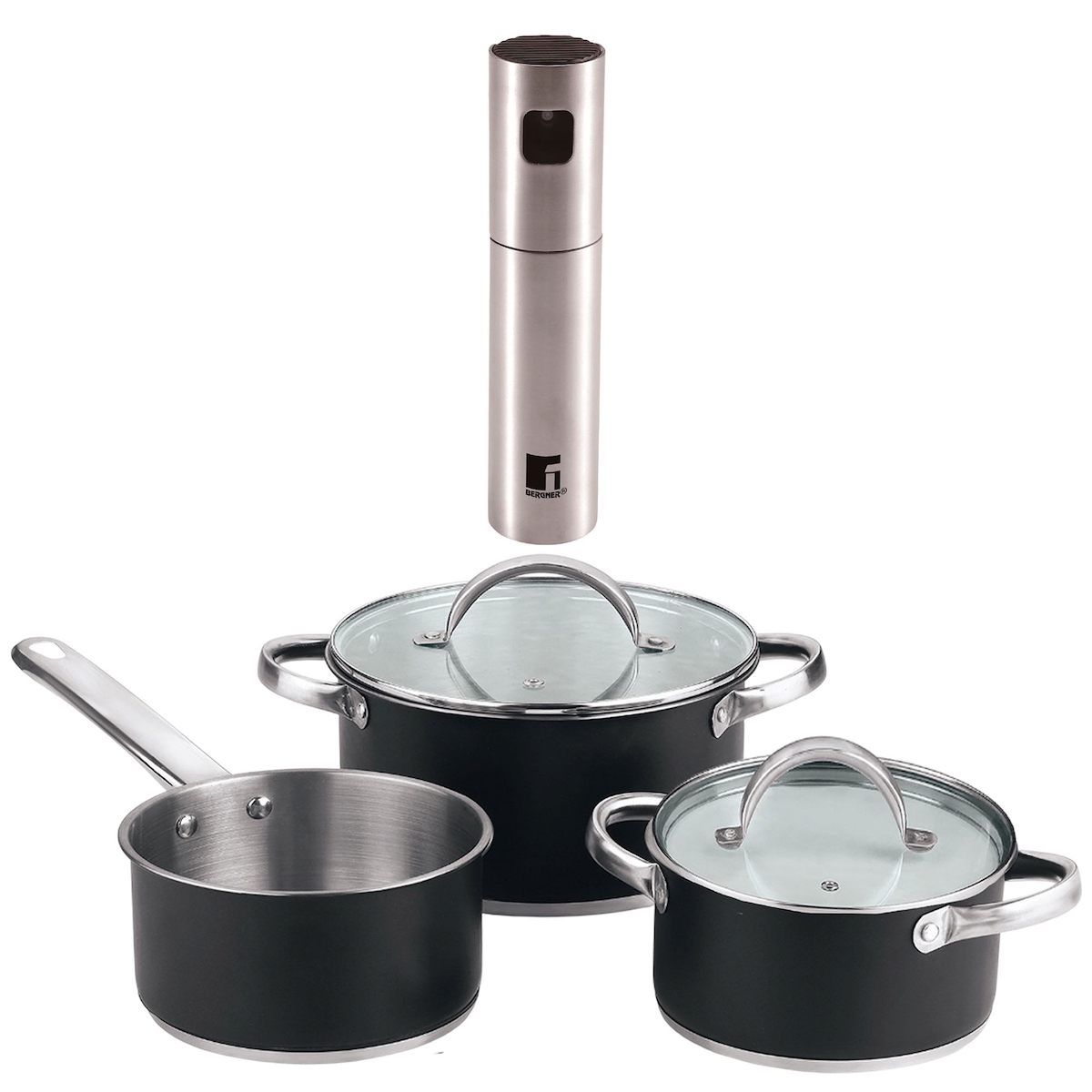 BERGNER - 5-teiliges Edelstahl-Kochgeschirrset (16/18/20cm), geeignet für Induktionskochfelder, mit Ø4x17,5cm Edelstahl-Öl-/Essigsprüher Image